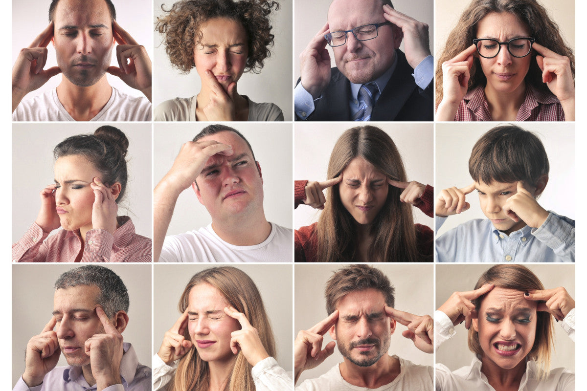 12 different pictures of people showing that they have headaches