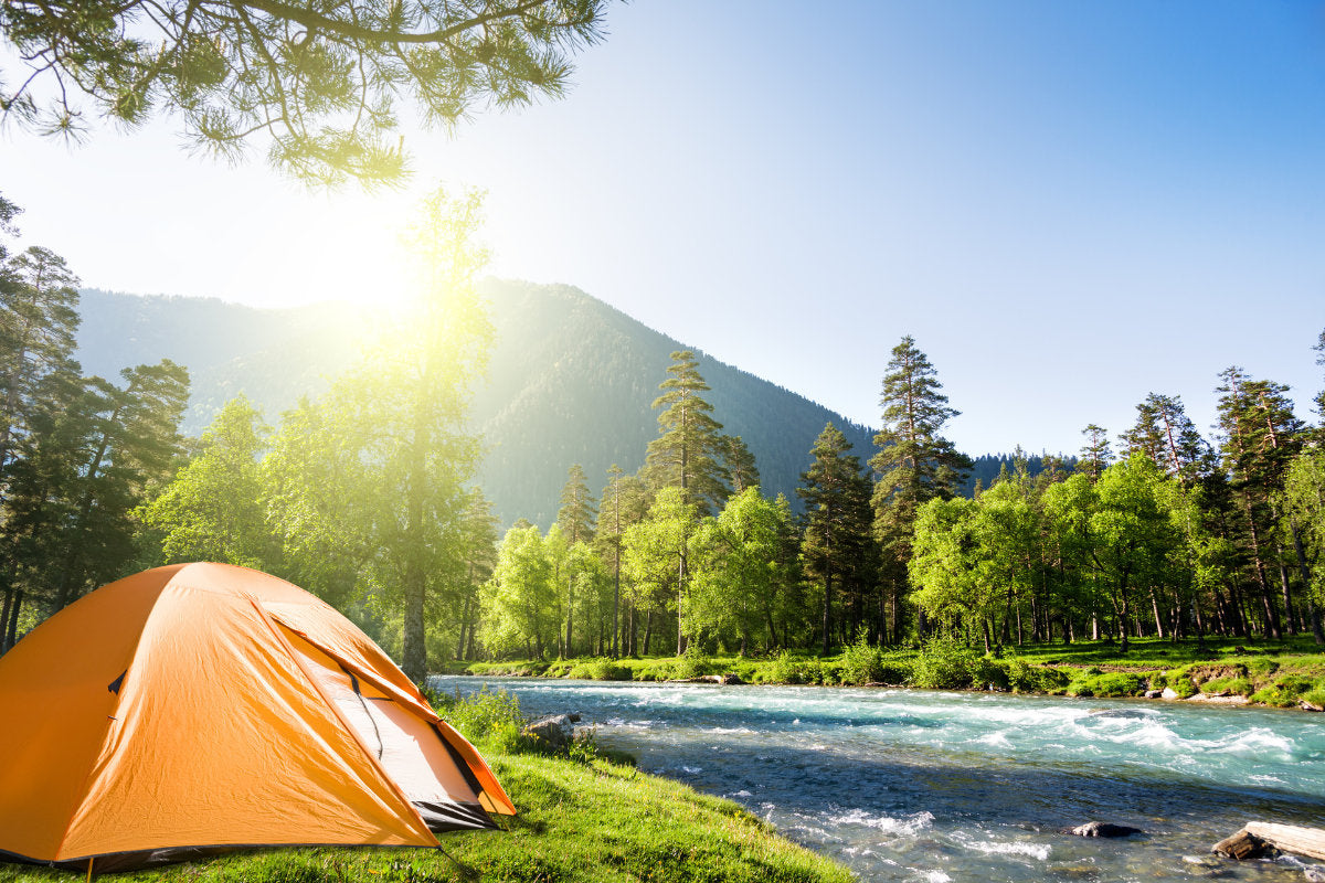 An orange tent set up next to a flowing stream in front of trees and mountains.