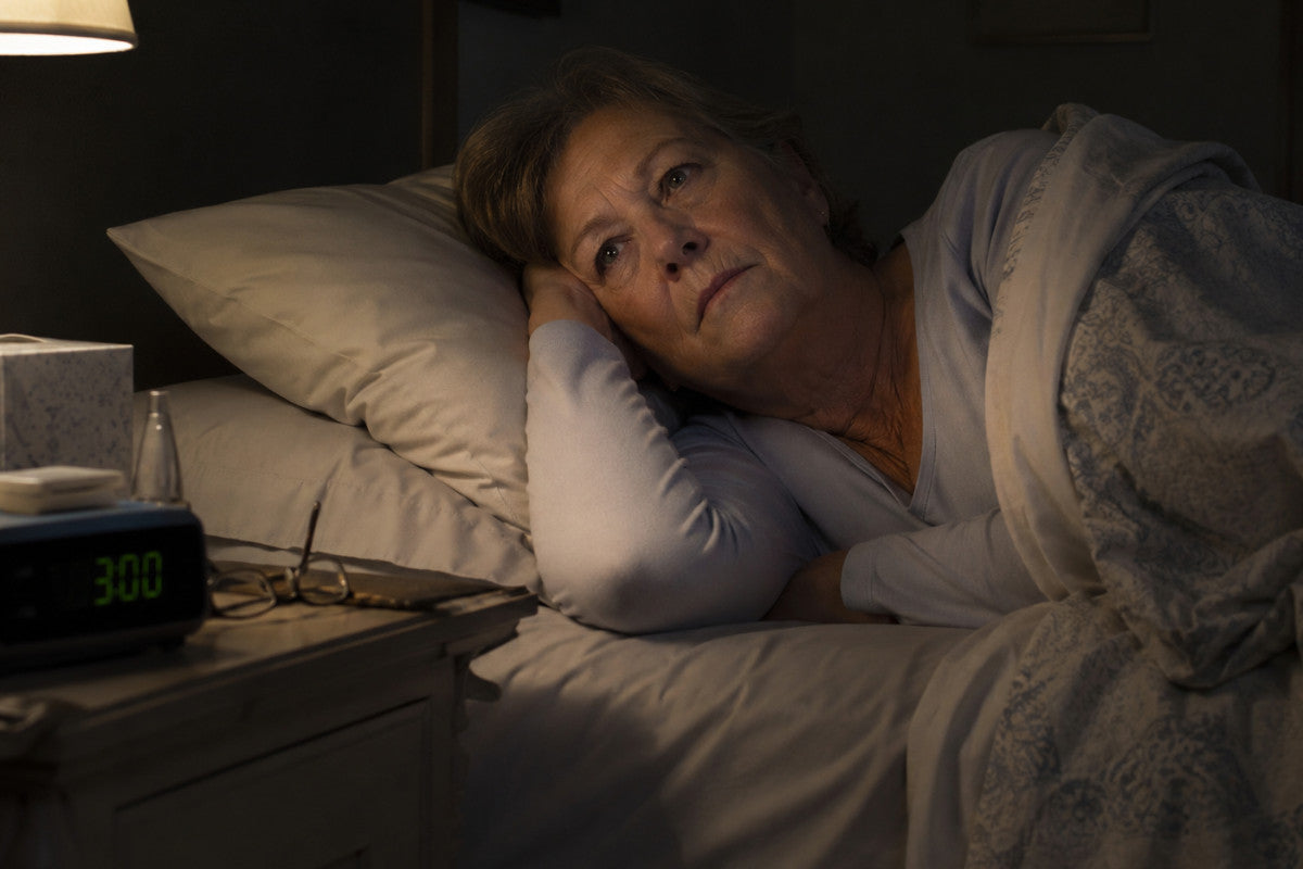 A 60-year old woman in bed, awake at 3:00am, soft bedside lamp light.