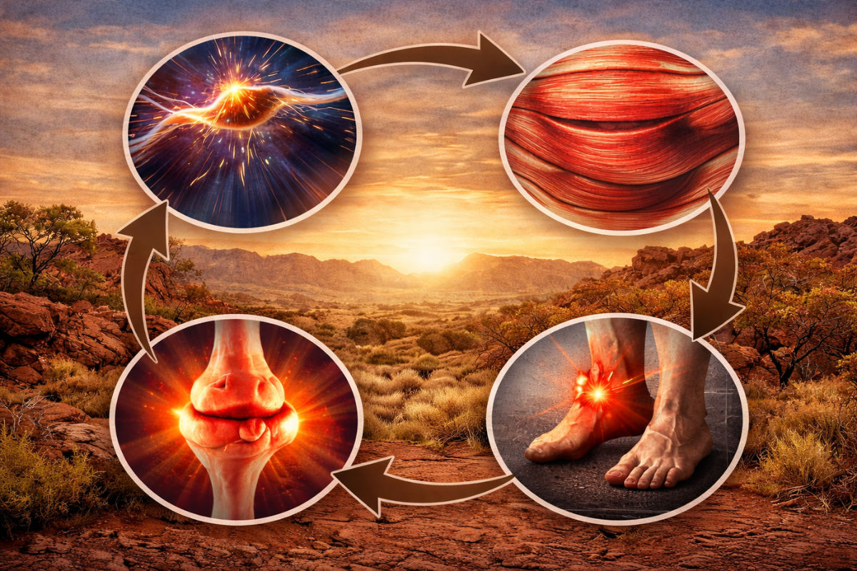 Illustration of the chronic pain loop in a sunset-lit outback: nerve irritation, muscle tension, poor circulation, and inflammation are shown as interconnected stages in a continuous cycle.