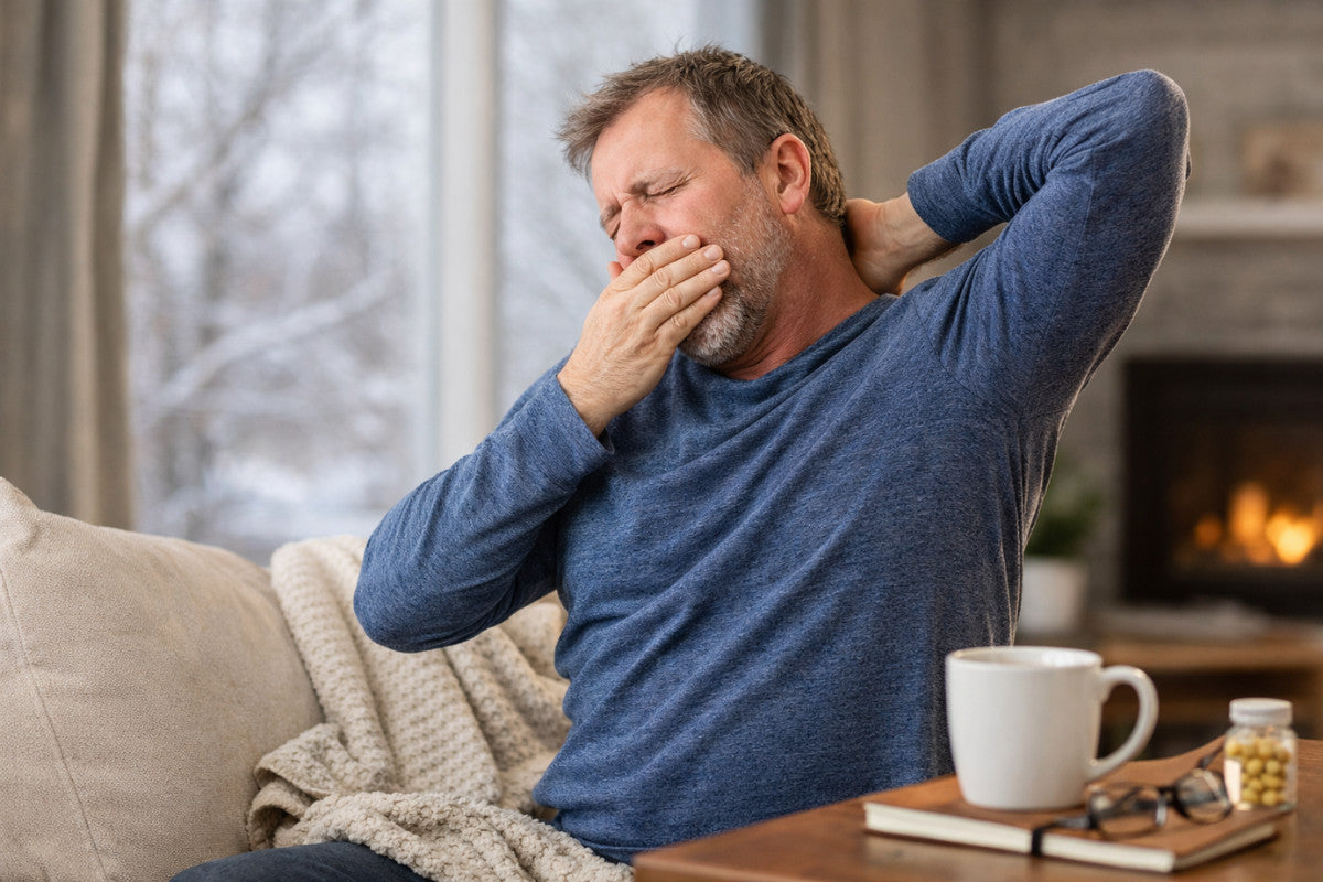 A middle-aged man stretching on a couch, feeling stiff and sluggish indoors after months of winter