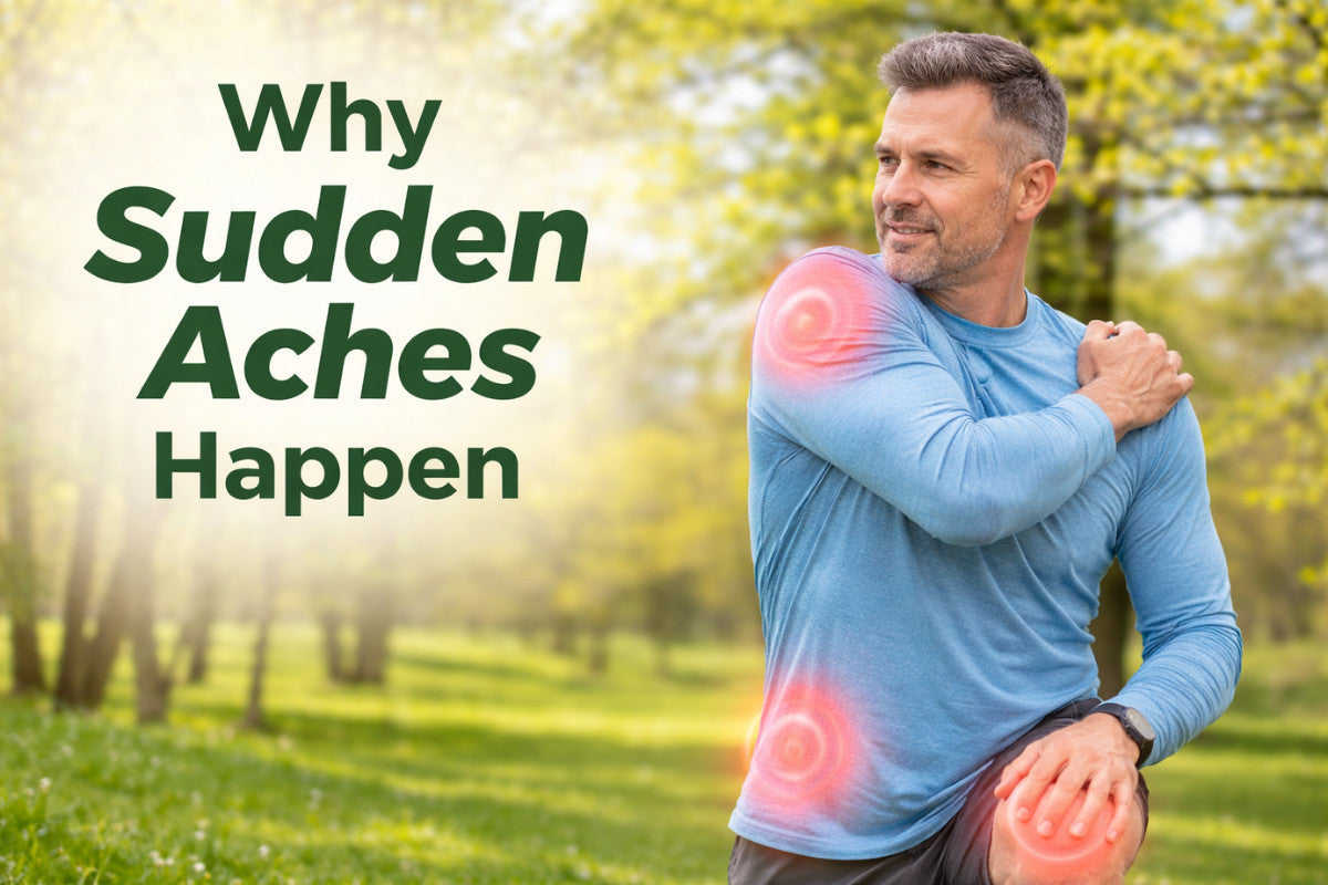 Middle-aged person stretching outdoors in spring, highlighting muscles and joints to illustrate sudden aches.