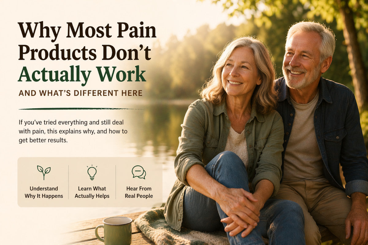 Older couple sitting outdoors by a lake, smiling and relaxed, with text about why most pain products don’t actually work