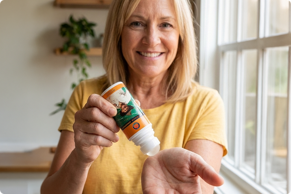 Smiling woman rolling Outback Original Oil onto the palm of her hand