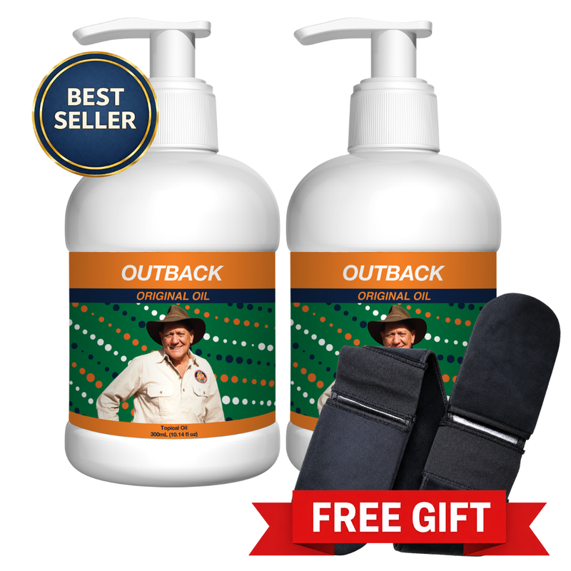Two Outback Original Oil 300mL pump bottles with a free back applicator and a Best Seller badge