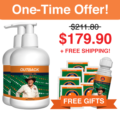 Offer: two Outback Original Oil 300mL pump bottles with a free 50mL roll-on and 7-Day Pack