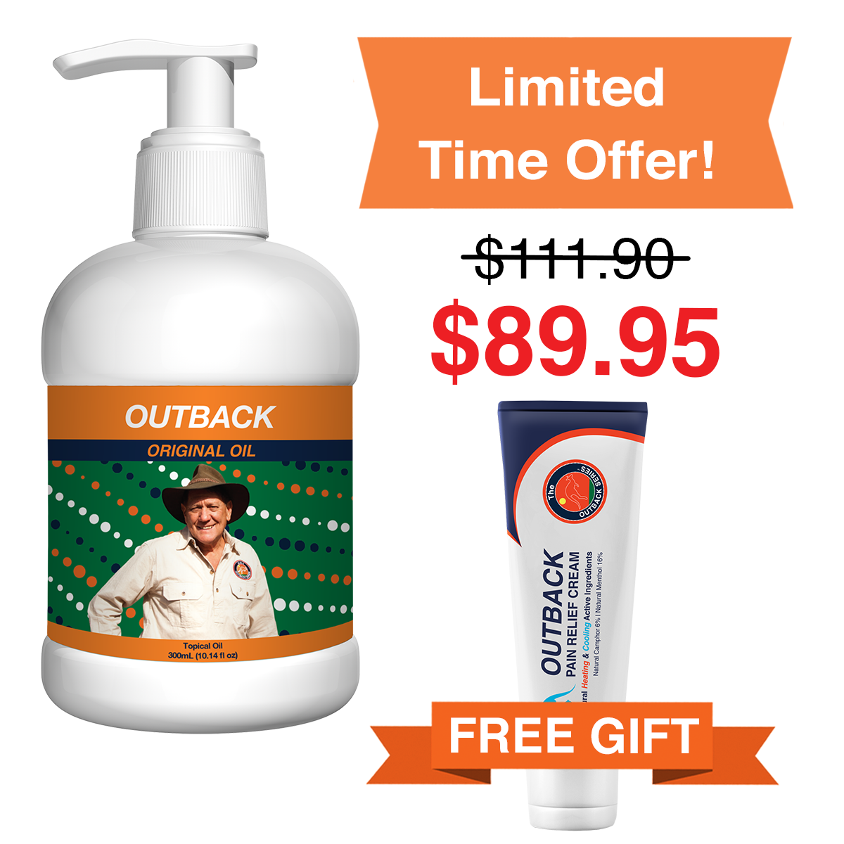 Offer: Outback Original Oil 300mL pump bottle with a free Outback Pain Relief Cream tube