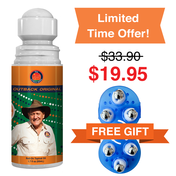 Outback Original roll-on topical oil with a price reduction and free gift offer on a white background.