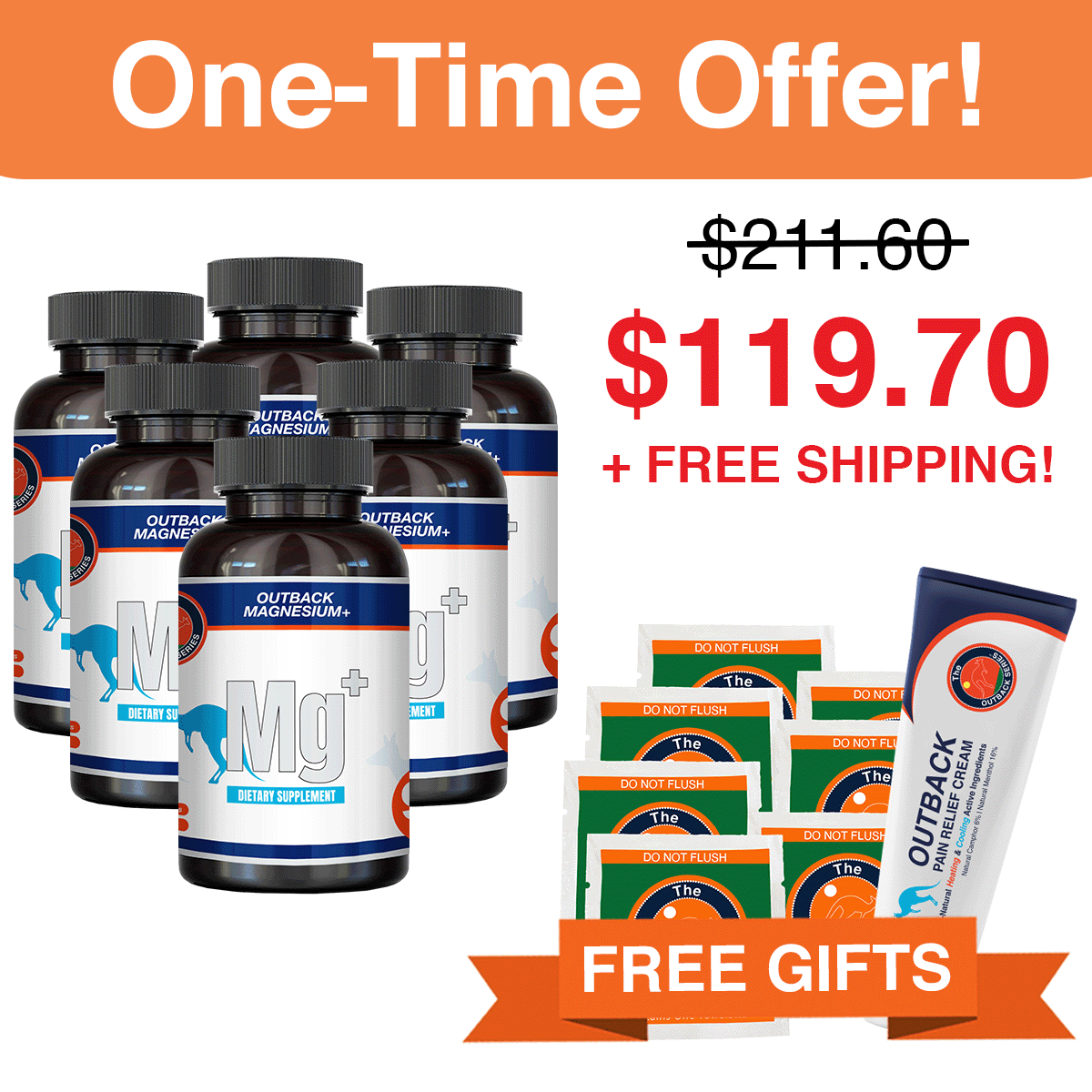 Offer: six Outback Magnesium+ bottles with a free 7-Day Pack and Pain Relief Cream tube, free shipping