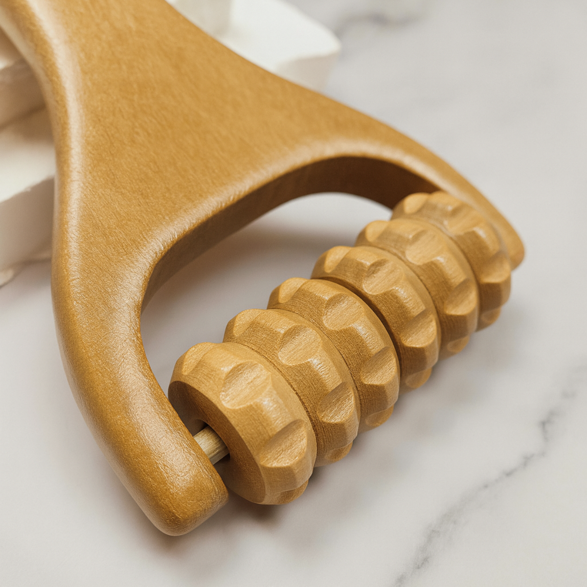 Close-up of the wooden massager's ridged roller wheels