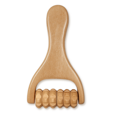 Wooden massager with a handle and a ridged roller, shown straight on