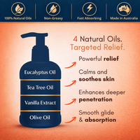 Thumbnail: Outback Original Oil pump bottle graphic naming its four oils: eucalyptus, tea tree, vanilla extract and olive oil