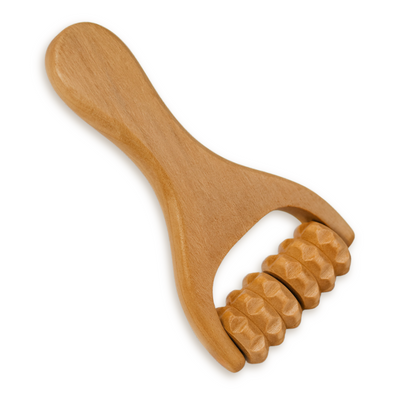 Wooden massager with a handle and a ridged roller, shown at an angle