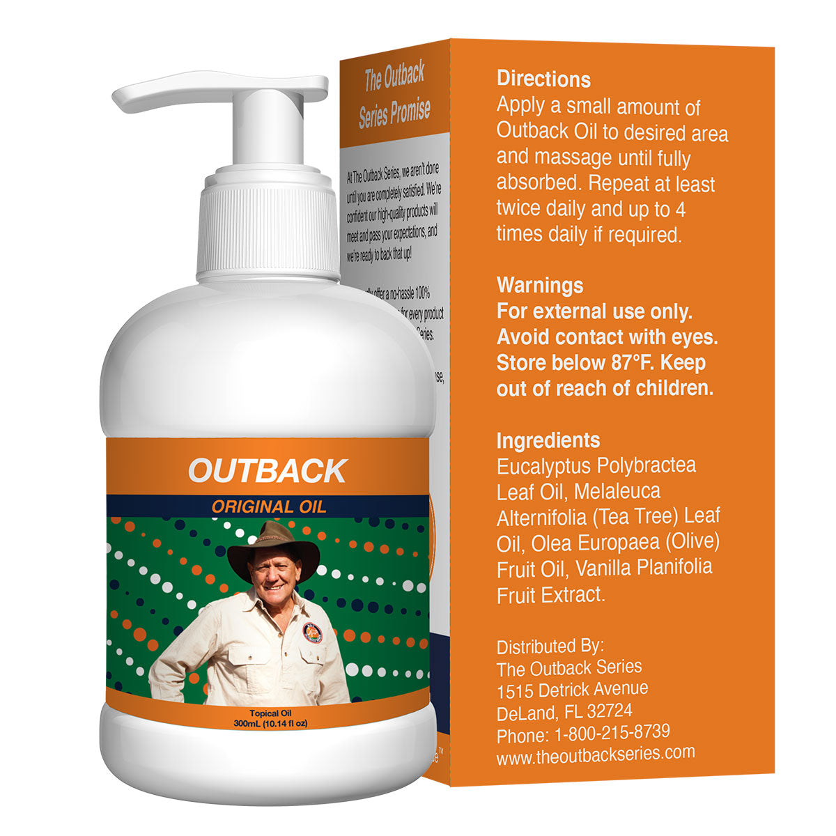 Outback Original Oil 300mL pump bottle beside its box showing directions, warnings and ingredients