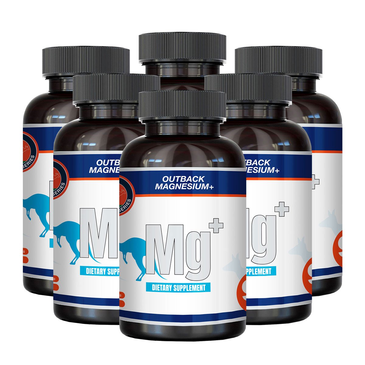 Six bottles of Outback Magnesium+ dietary supplement capsules