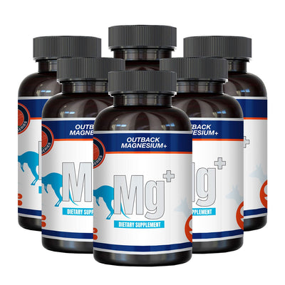 Six bottles of Outback Magnesium+ dietary supplement capsules