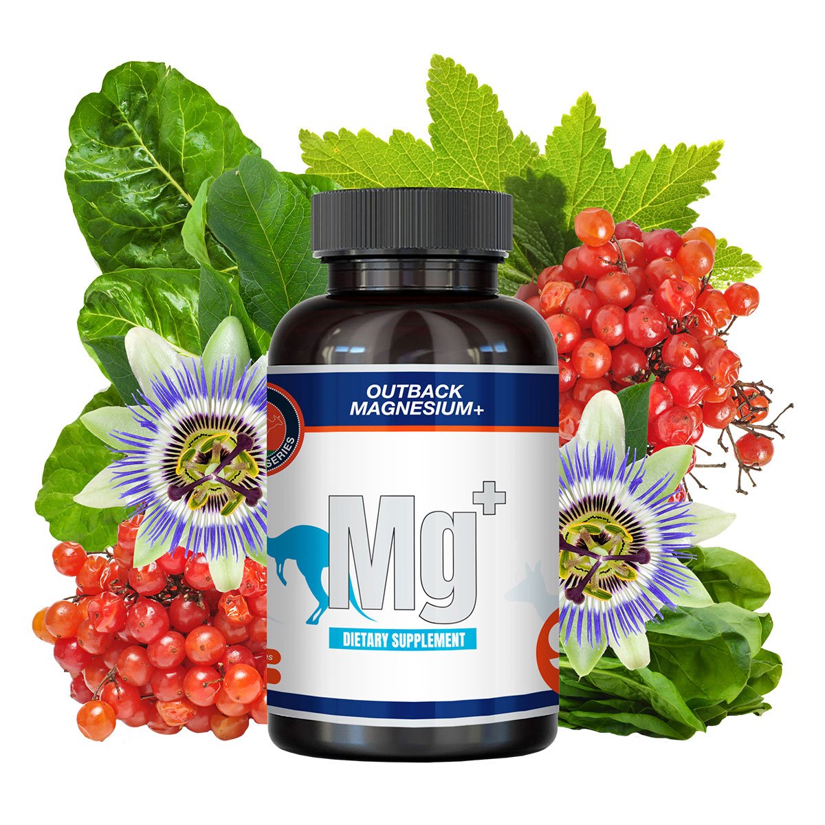 Outback Magnesium+ dietary supplement bottle with passionflowers, red berries and green leaves