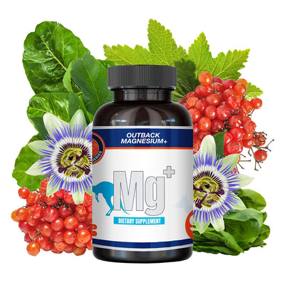 Outback Magnesium+ dietary supplement bottle with passionflowers, red berries and green leaves