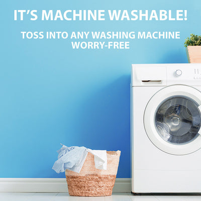 Applicator mitts are machine washable, shown with a washing machine and laundry basket