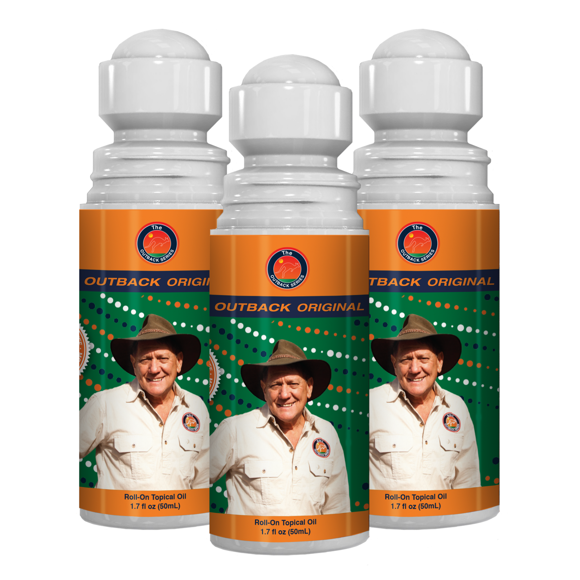 Three Outback Original Oil 50mL roll-on bottles with David Ireland on the label