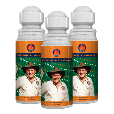 Three Outback Original Oil 50mL roll-on bottles with David Ireland on the label