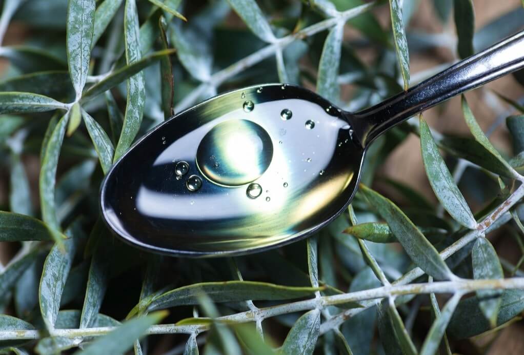 A spoon of clear eucalyptus oil resting on narrow blue-green mallee leaves