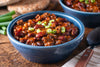 blue bowl full of delicious chili