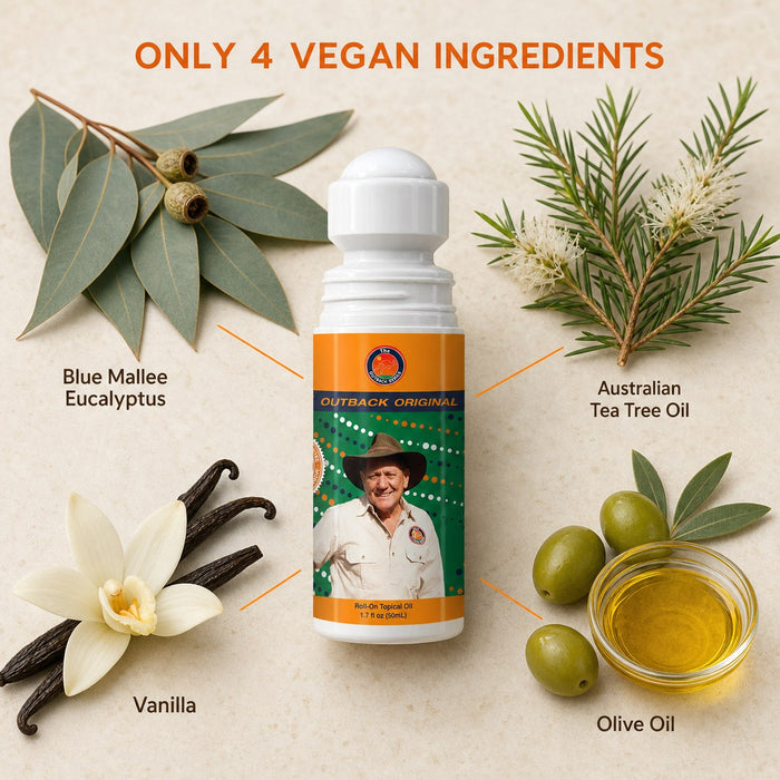Outback Original Oil roll-on surrounded by its four ingredients: Blue Mallee eucalyptus, tea tree, olive oil and vanilla