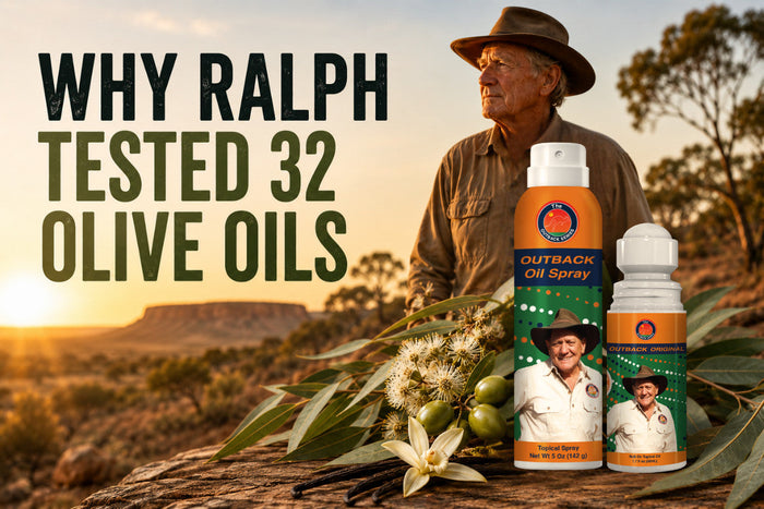 Outback Oil spray and roll-on in the Australian outback beside Ralph Linford under a sunset sky.