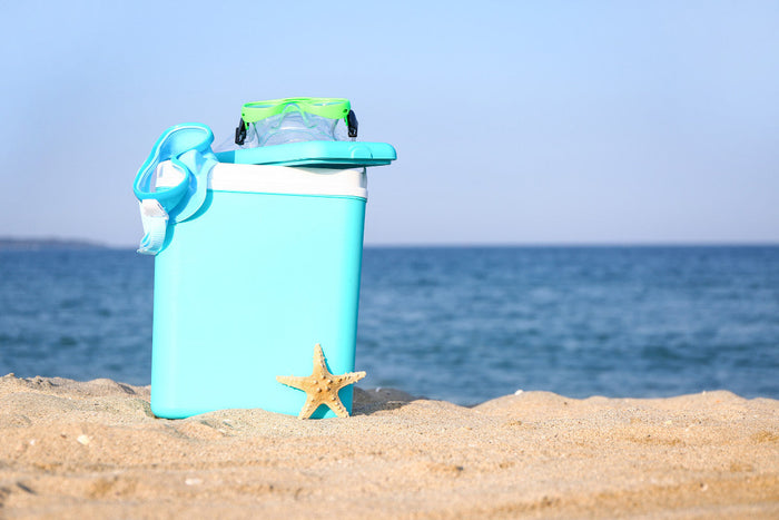 Sky blue cooler with swim goggles on top, sitting in the sand in front of the ocean.