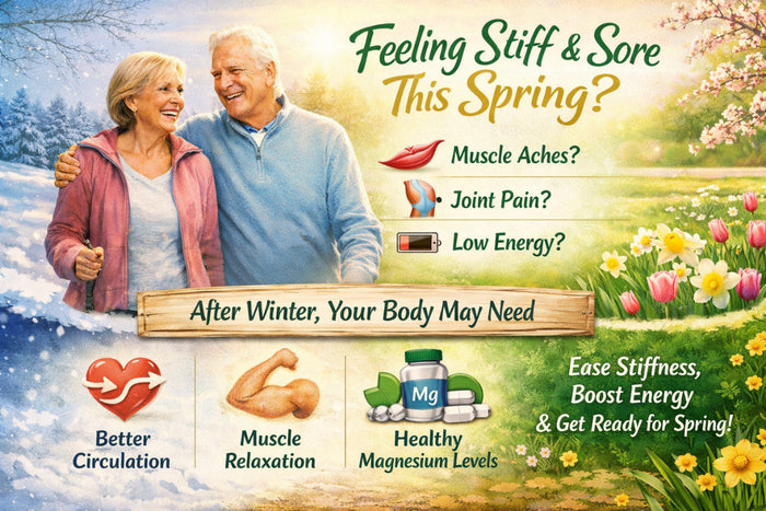 Smiling older couple walking in a spring park with text about easing stiffness, joint pain, and low energy after winter.