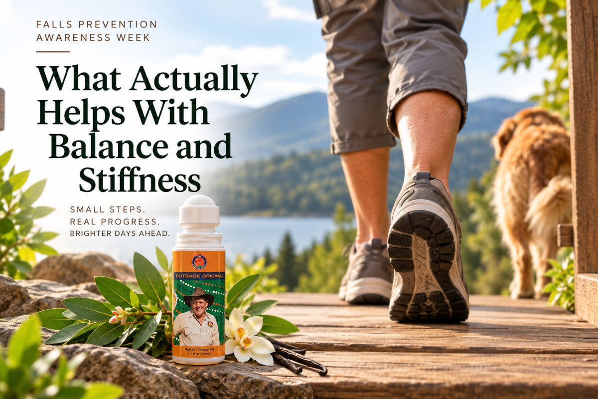 Older adult walking outdoors with Outback Original Oil.