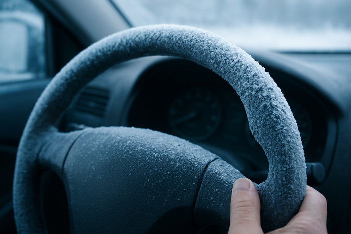Hand holding a steering wheel covered in frost.