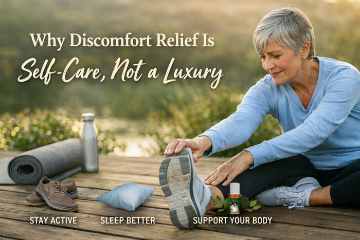 Senior woman stretching outside with a yoga mat and water bottle.