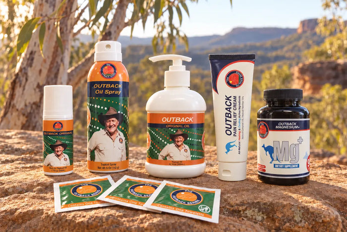 The Outback family of products on a rock in the Australian outback: roll-on, spray, pump, cream, Magnesium+ and sachets