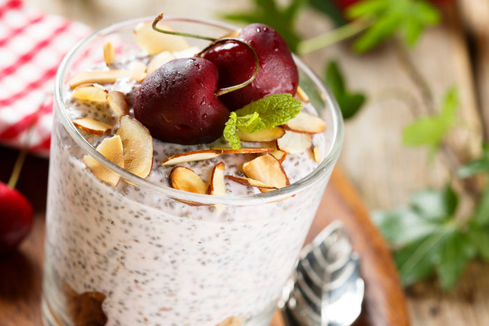 elegant image of a Cherry Almond Chia Pudding in a cup