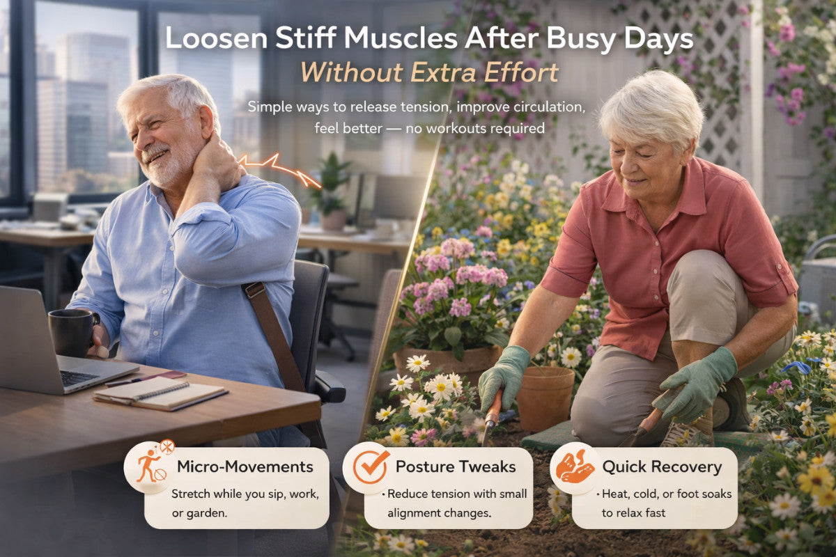 Senior man working at a desk with neck tension and senior woman gardening, illustrating simple ways to relieve muscle stiffness.