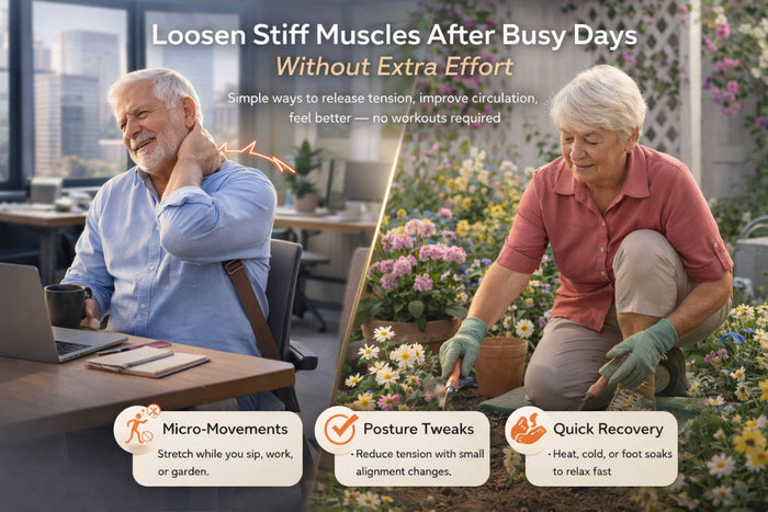 Senior man working at a desk with neck tension and senior woman gardening, illustrating simple ways to relieve muscle stiffness.