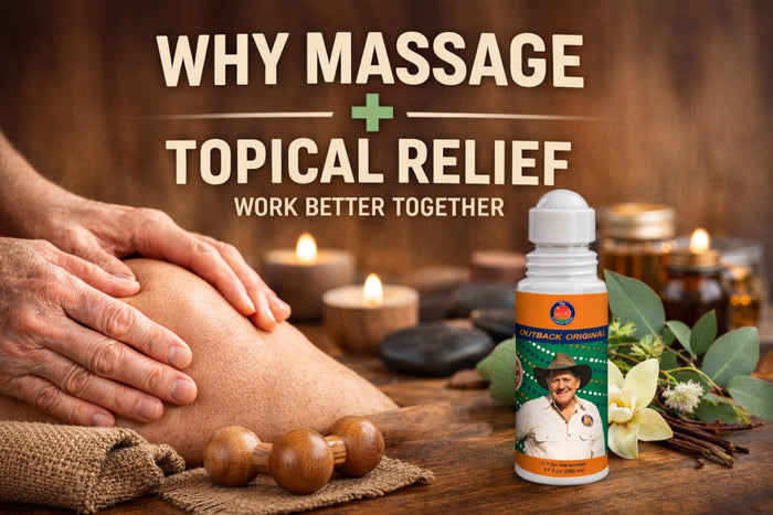 Massage and Outback Oil roll-on shown together for targeted topical relief.