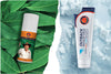 split in half. left side: background - bright green eucalyptus leaves; foreground - Outback Oil Roll-On. right side: background - broken snow against a light blue wall; foreground - Outback Pain Cream.