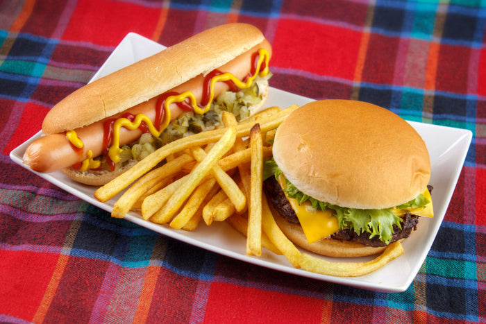 cheeseburger, hot dog, and fries on a red and blue plaid picnic blanket.