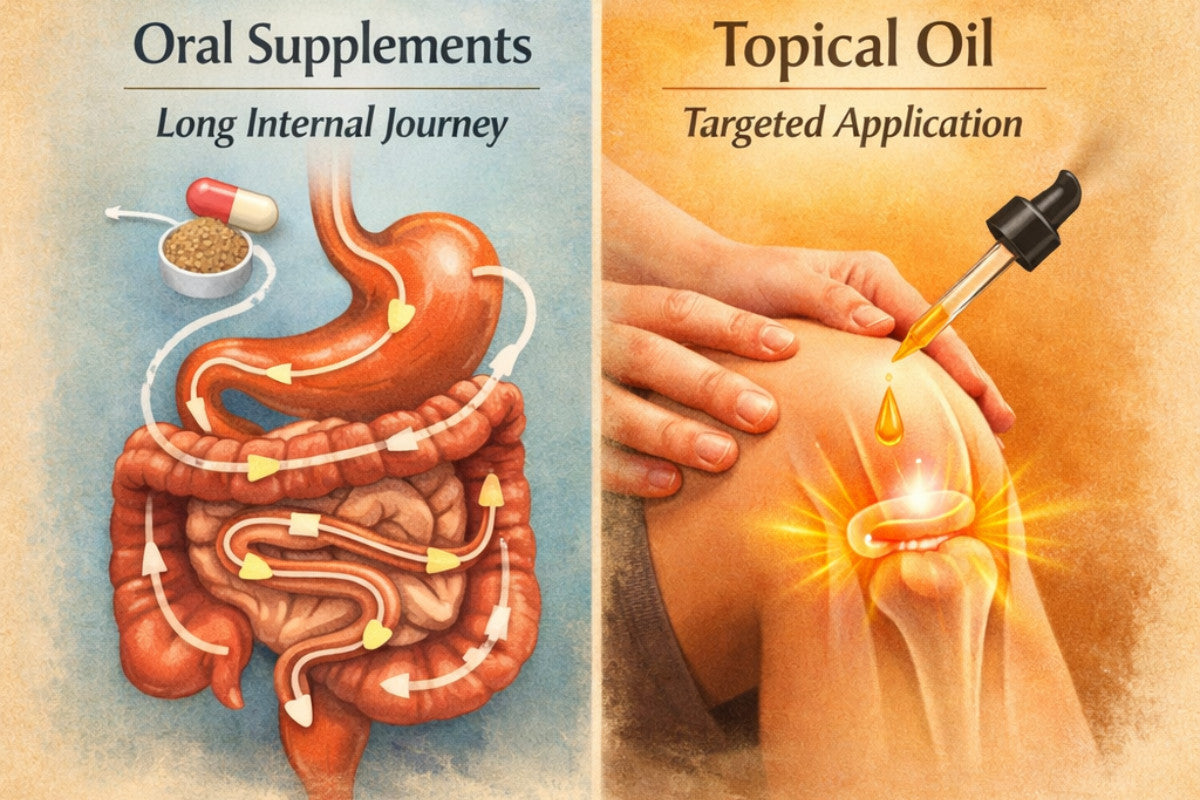 Oral Supplements - long internal journey - vs. Topical Oil - targeted application.