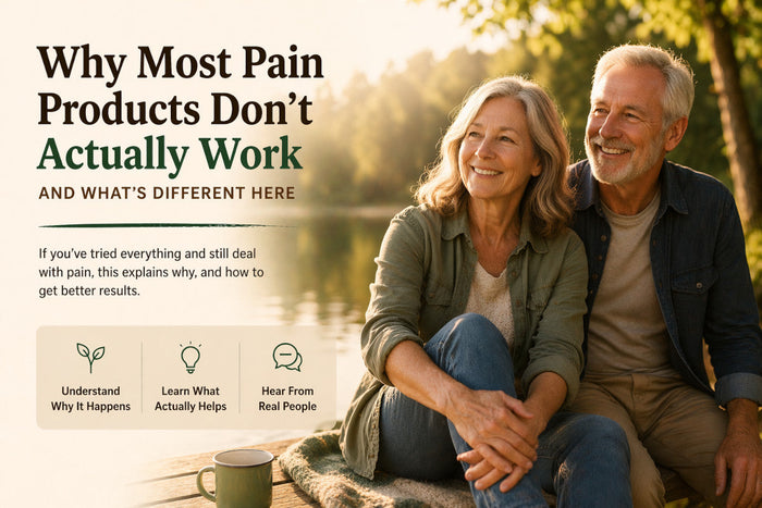 Older couple sitting outdoors by a lake, smiling and relaxed, with text about why most pain products don’t actually work