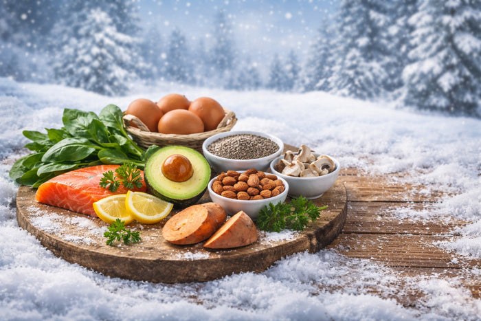 Winter scene with a wooden board of healthy foods including salmon, avocado, eggs, sweet potatoes, spinach, almonds, chia seeds, and mushrooms.