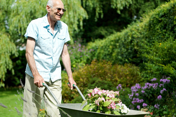 Senior man smiling as he pushes a wagon full of flowers.