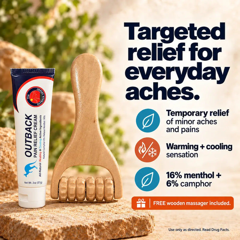 Outback Pain Cream and the free wooden massager: 16% menthol, 6% camphor, warming then cooling