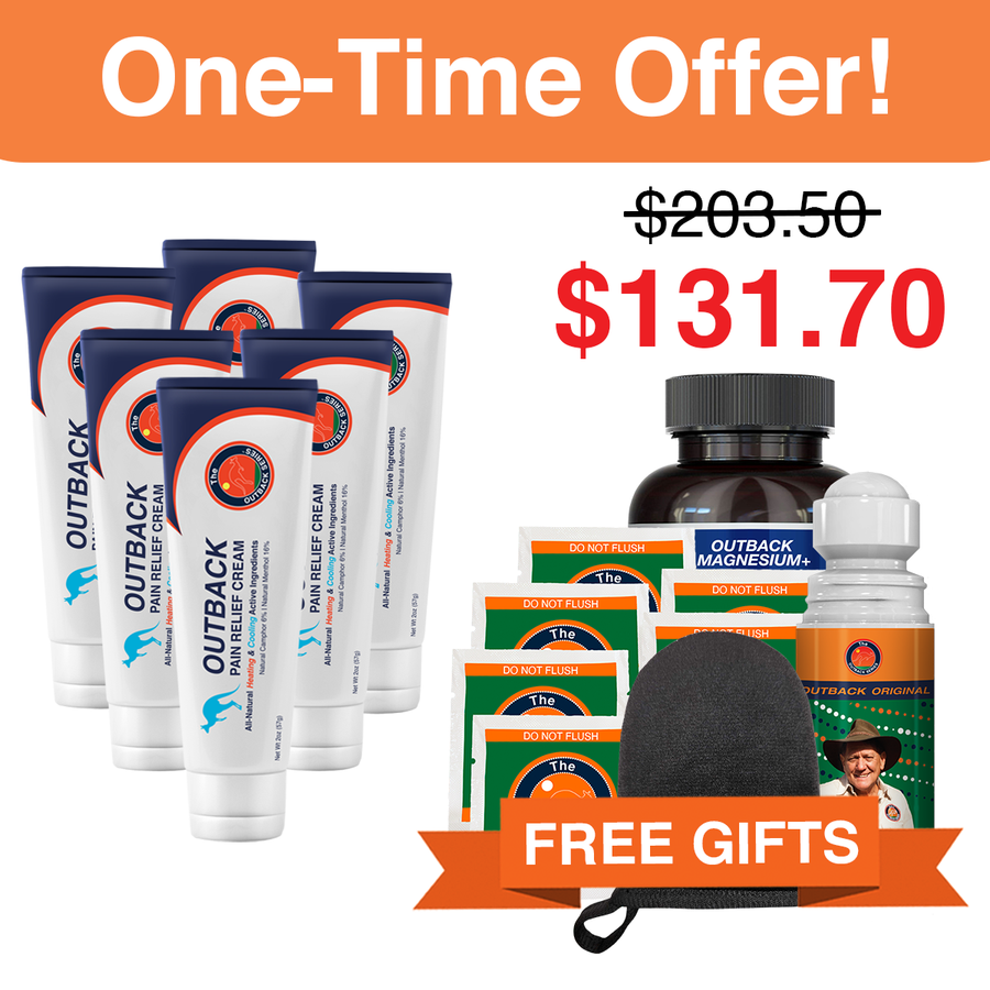 Offer: six Outback Pain Relief Cream tubes with free Magnesium+, roll-on, mini mitt and 7-Day Pack