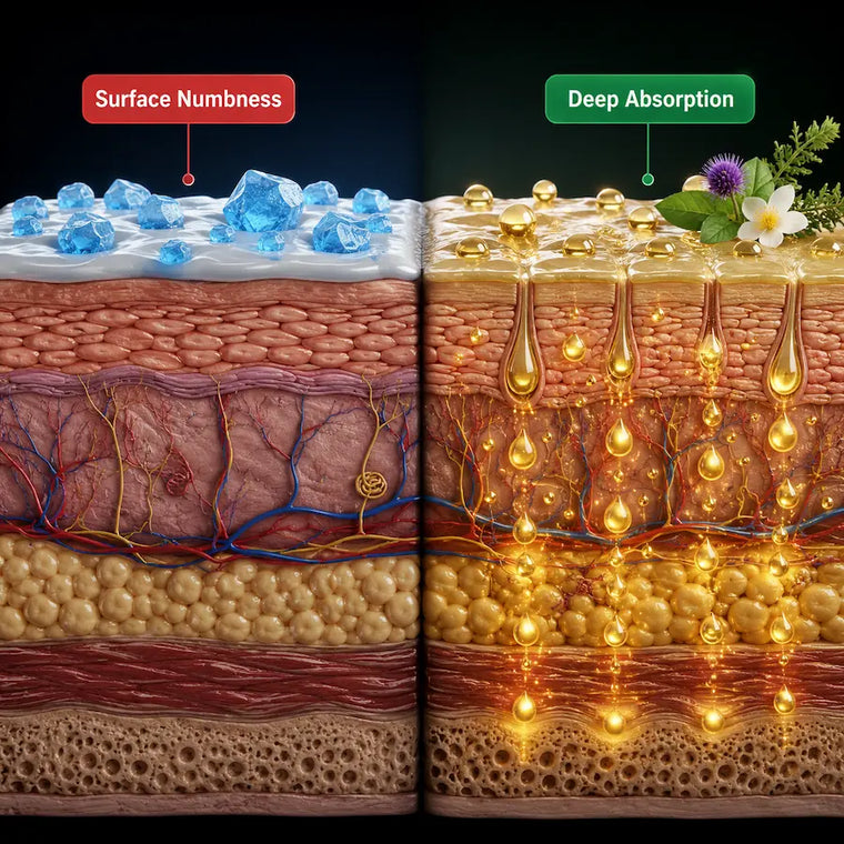 Cross-section comparing a menthol rub sitting on the surface of the skin with an oil absorbing through the layers